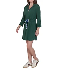 Ruby Rd. Scuba Pique Contrast Stripe Trim Zip Front Collar 3/4 Roll-Tab Sleeve Cinched Waist A-Line Dress