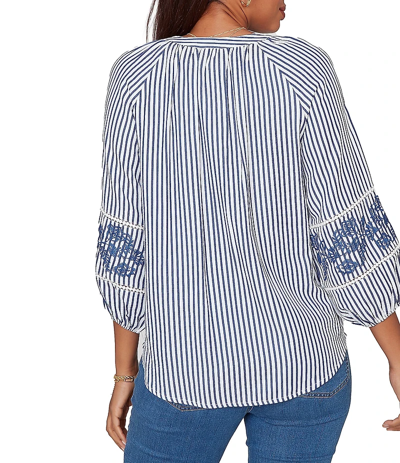 Ruby Rd. Seersucker Woven Stripe Band Collar 3/4 Embroidered Sleeve Tie-Front Blouse