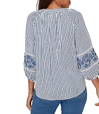 Ruby Rd. Seersucker Woven Stripe Band Collar 3/4 Embroidered Sleeve Tie-Front Blouse