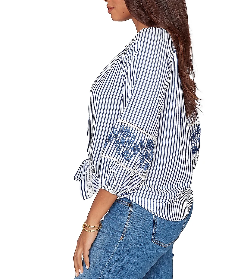 Ruby Rd. Seersucker Woven Stripe Band Collar 3/4 Embroidered Sleeve Tie-Front Blouse