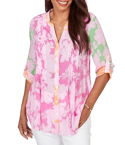 Ruby Rd. Silky Gauze Color Block Floral Split V-Neck Roll-Tab Sleeve Button Front Blouse