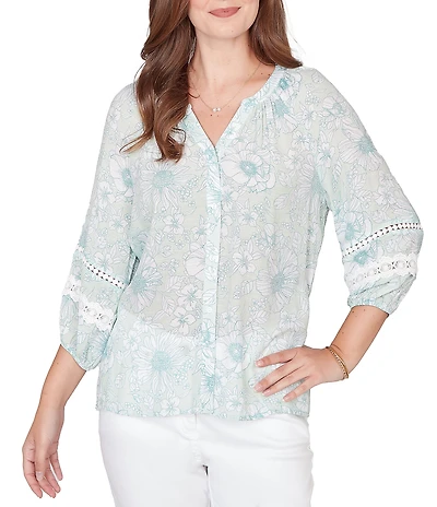 Ruby Rd. Silky Gauze Floral Split V-Neck 3/4 Sleeve Button-Front Blouse
