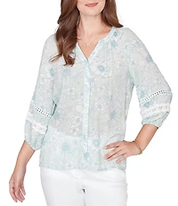 Ruby Rd. Silky Gauze Floral Split V-Neck 3/4 Sleeve Button-Front Blouse