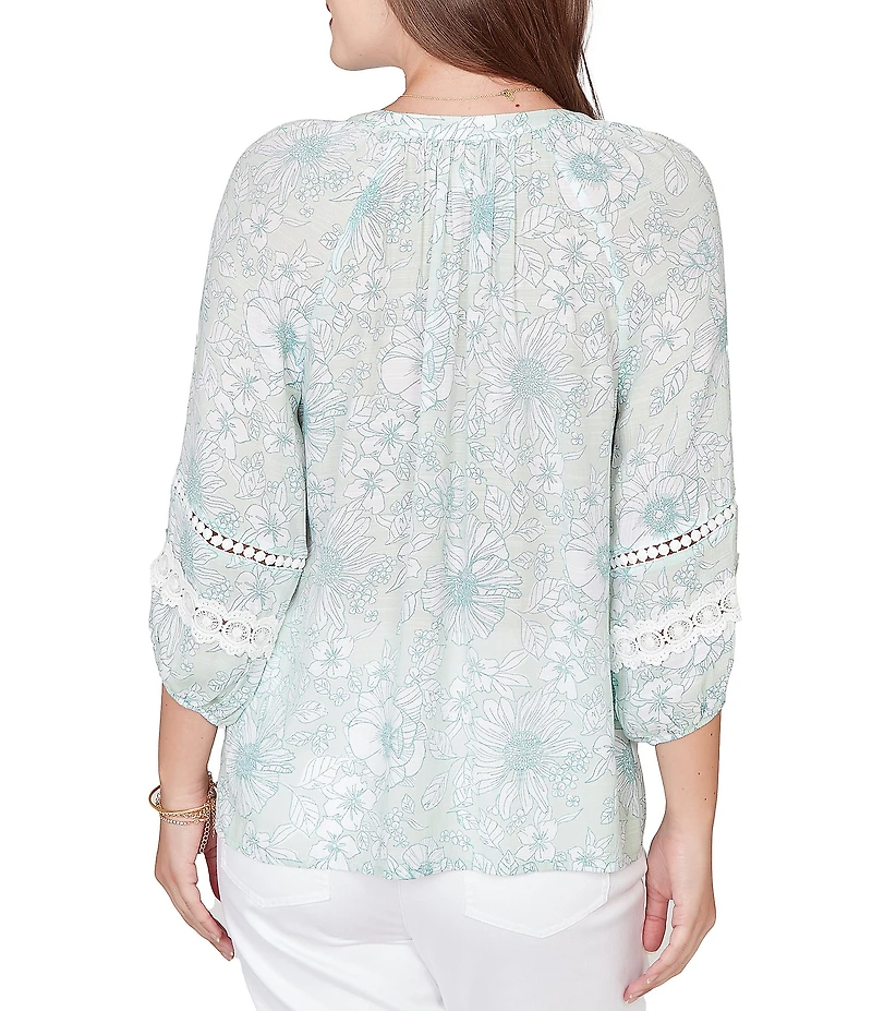 Ruby Rd. Silky Gauze Floral Split V-Neck 3/4 Sleeve Button-Front Blouse