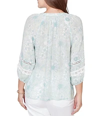 Ruby Rd. Silky Gauze Floral Split V-Neck 3/4 Sleeve Button-Front Blouse