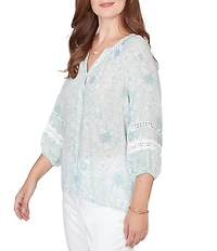 Ruby Rd. Silky Gauze Floral Split V-Neck 3/4 Sleeve Button-Front Blouse