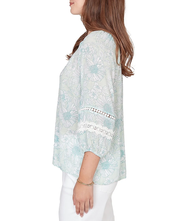 Ruby Rd. Silky Gauze Floral Split V-Neck 3/4 Sleeve Button-Front Blouse