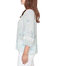 Ruby Rd. Silky Gauze Floral Split V-Neck 3/4 Sleeve Button-Front Blouse