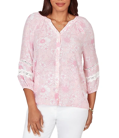 Ruby Rd. Silky Gauze Floral Split V-Neck 3/4 Sleeve Button-Front Blouse