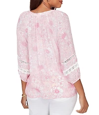 Ruby Rd. Silky Gauze Floral Split V-Neck 3/4 Sleeve Button-Front Blouse