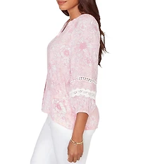 Ruby Rd. Silky Gauze Floral Split V-Neck 3/4 Sleeve Button-Front Blouse