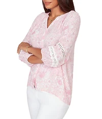 Ruby Rd. Silky Gauze Floral Split V-Neck 3/4 Sleeve Button-Front Blouse