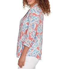 Ruby Rd. Silky Gauze Paisley Split V-Neck 3/4 Sleeve Button Front Top