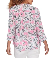 Ruby Rd. Silky Gauze Paisley Split V-Neck 3/4 Sleeve Button Front Top