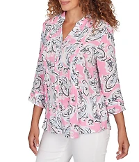 Ruby Rd. Silky Gauze Paisley Split V-Neck 3/4 Sleeve Button Front Top