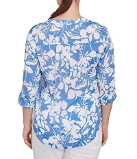 Ruby Rd. Silky Gauze Printed Banded Neck 3/4 Roll-Tab Sleeve Pleated Blouse