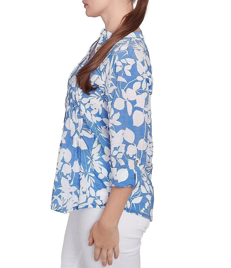 Ruby Rd. Silky Gauze Printed Banded Neck 3/4 Roll-Tab Sleeve Pleated Blouse