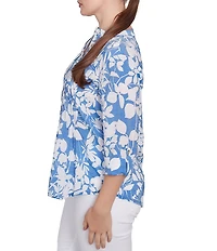 Ruby Rd. Silky Gauze Printed Banded Neck 3/4 Roll-Tab Sleeve Pleated Blouse