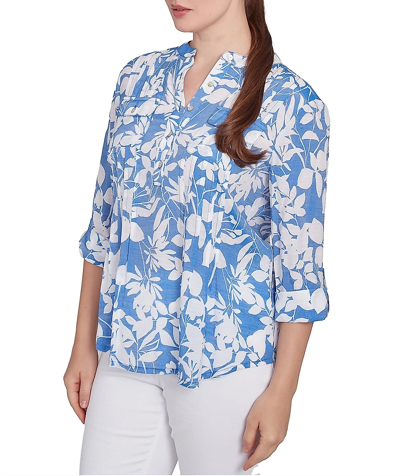 Ruby Rd. Silky Gauze Printed Banded Neck 3/4 Roll-Tab Sleeve Pleated Blouse