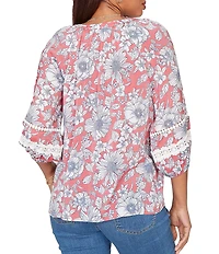 Ruby Rd. Silky Gauze Woven Floral Split V-Neck 3/4 Lace Inset Sleeve Blouse