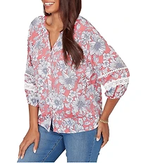 Ruby Rd. Silky Gauze Woven Floral Split V-Neck 3/4 Lace Inset Sleeve Blouse
