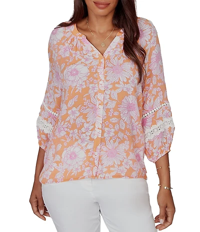 Ruby Rd. Silky Gauze Woven Floral Split V-Neck 3/4 Sleeve Button-Front Blouse