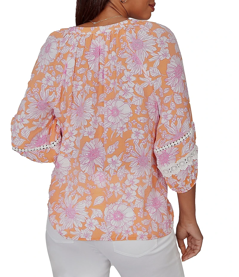 Ruby Rd. Silky Gauze Woven Floral Split V-Neck 3/4 Sleeve Button-Front Blouse