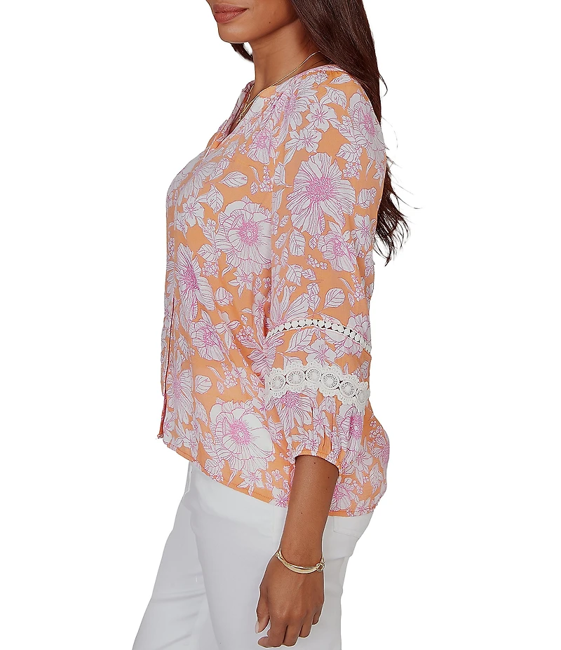 Ruby Rd. Silky Gauze Woven Floral Split V-Neck 3/4 Sleeve Button-Front Blouse