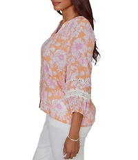 Ruby Rd. Silky Gauze Woven Floral Split V-Neck 3/4 Sleeve Button-Front Blouse