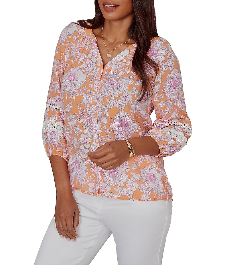 Ruby Rd. Silky Gauze Woven Floral Split V-Neck 3/4 Sleeve Button-Front Blouse