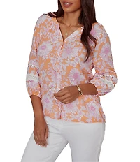 Ruby Rd. Silky Gauze Woven Floral Split V-Neck 3/4 Sleeve Button-Front Blouse