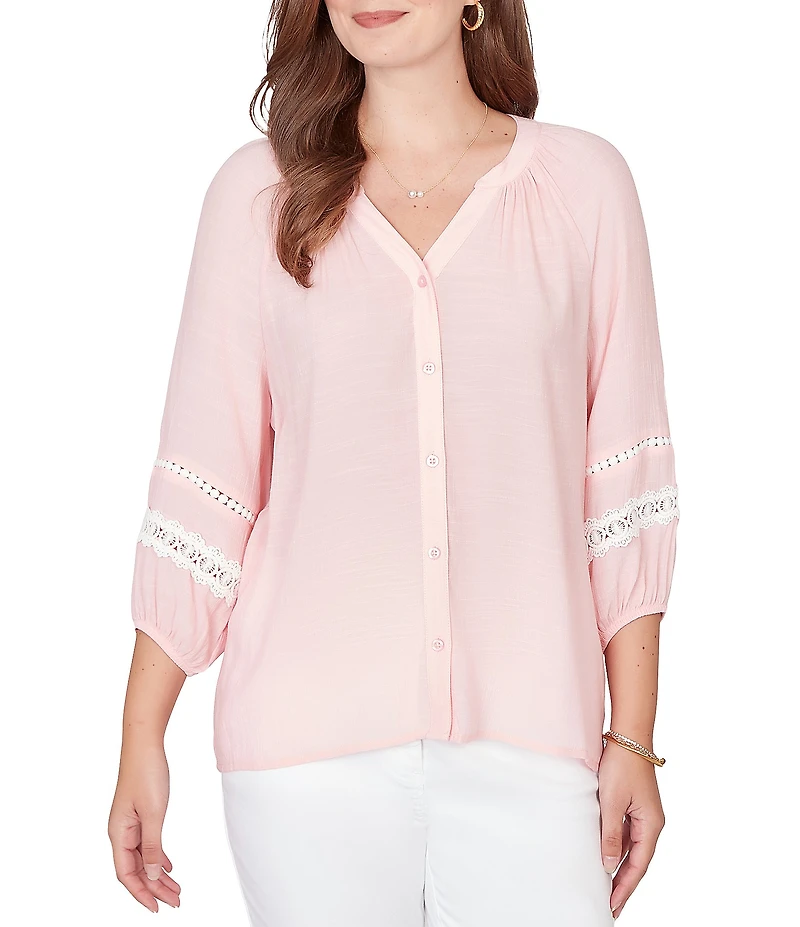 Ruby Rd. Silky Gauze Woven Split V-Neck 3/4 Sleeve Lace Trim Button-Front Peasant Blouse