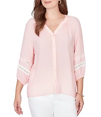 Ruby Rd. Silky Gauze Woven Split V-Neck 3/4 Sleeve Lace Trim Button-Front Peasant Blouse