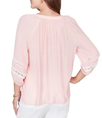 Ruby Rd. Silky Gauze Woven Split V-Neck 3/4 Sleeve Lace Trim Button-Front Peasant Blouse