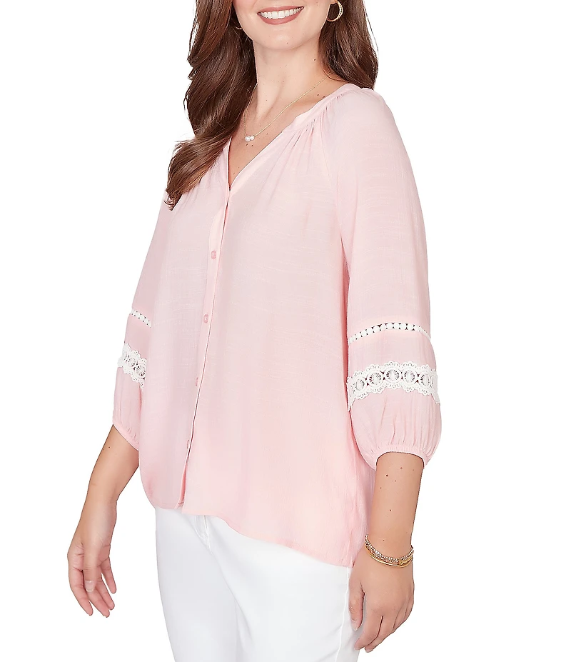 Ruby Rd. Silky Gauze Woven Split V-Neck 3/4 Sleeve Lace Trim Button-Front Peasant Blouse