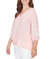 Ruby Rd. Silky Gauze Woven Split V-Neck 3/4 Sleeve Lace Trim Button-Front Peasant Blouse
