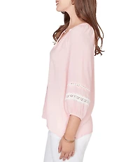 Ruby Rd. Silky Gauze Woven Split V-Neck 3/4 Sleeve Lace Trim Button-Front Peasant Blouse