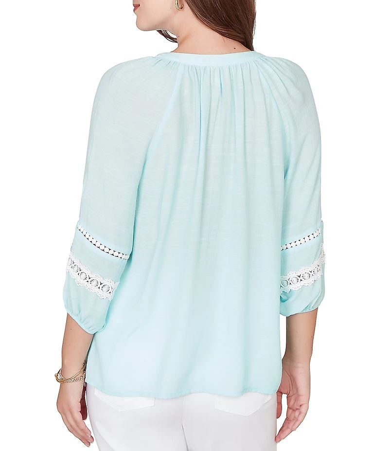 Ruby Rd. Silky Gauze Woven Split V-Neck 3/4 Sleeve Lace Trim Button-Front Peasant Blouse