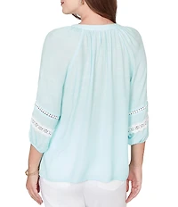Ruby Rd. Silky Gauze Woven Split V-Neck 3/4 Sleeve Lace Trim Button-Front Peasant Blouse