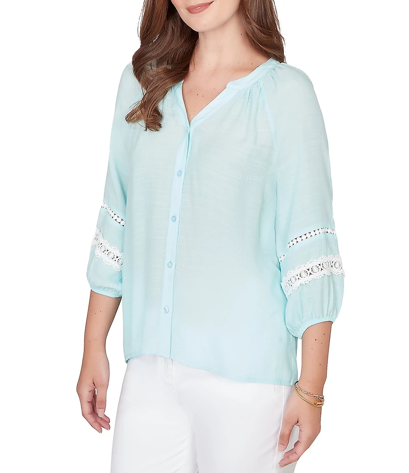 Ruby Rd. Silky Gauze Woven Split V-Neck 3/4 Sleeve Lace Trim Button-Front Peasant Blouse