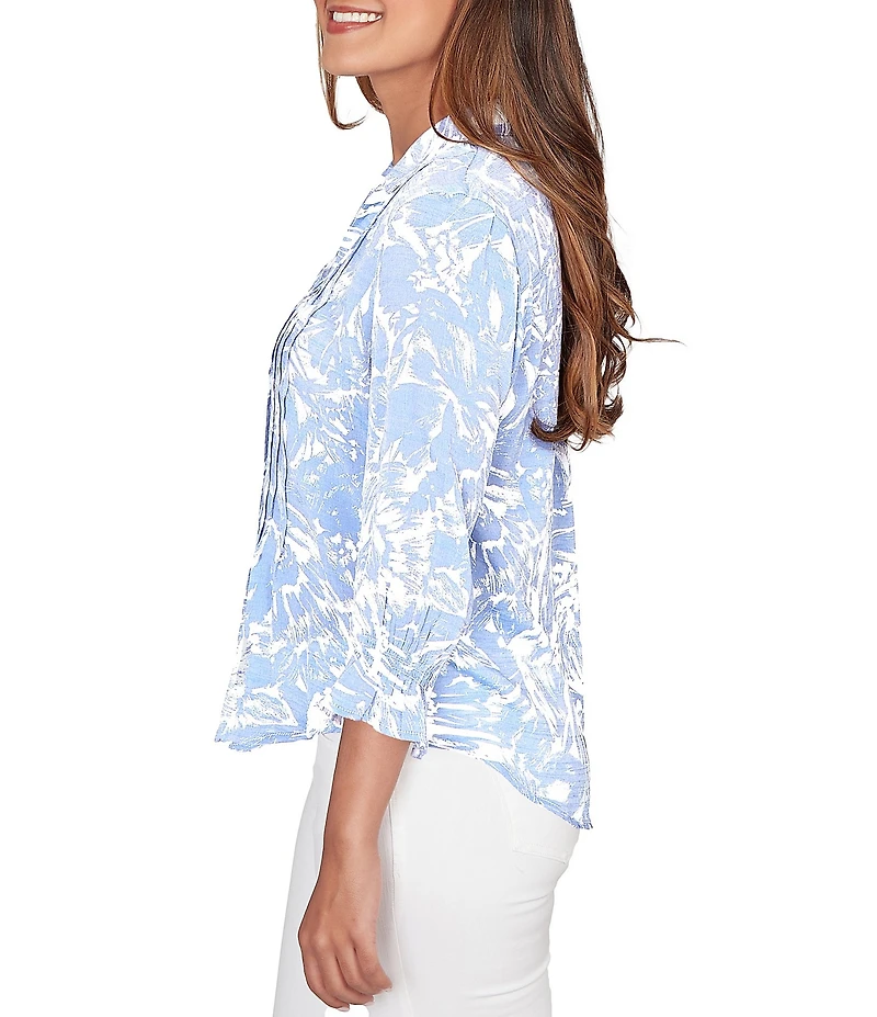 Ruby Rd. Silky Slub Woven Brushstroke Floral Collared V-Neck 3/4 Sleeve Partial Button Front Top
