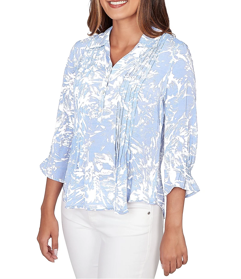 Ruby Rd. Silky Slub Woven Brushstroke Floral Collared V-Neck 3/4 Sleeve Partial Button Front Top
