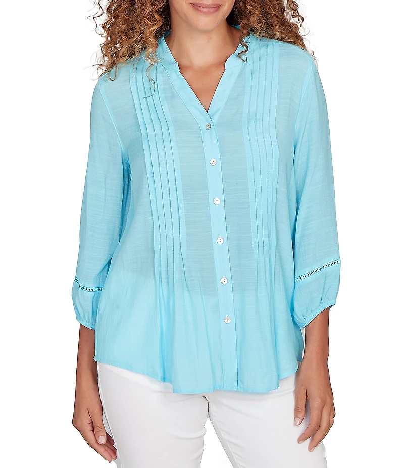 Ruby Rd. Silky Slub Woven Split V-Neck 3/4 Sleeve Button Front Top