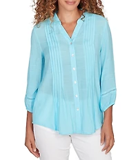 Ruby Rd. Silky Slub Woven Split V-Neck 3/4 Sleeve Button Front Top