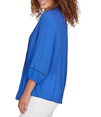 Ruby Rd. Silky Slub Woven Split V-Neck 3/4 Sleeve Button Front Top