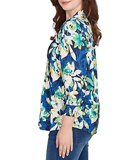 Ruby Rd. Silky Voile Floral Band V-Neck 3/4 Sleeve Button-Front Blouse