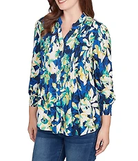 Ruby Rd. Silky Voile Floral Band V-Neck 3/4 Sleeve Button-Front Blouse