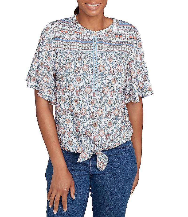 Ruby Rd. Silky Voile Printed Round Neck Short Flutter Sleeve Tie-Front Top