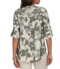 Ruby Rd. Silky Voile Shadow Floral Split V-Neck 3/4 Sleeve Pleated Button Front Shirt