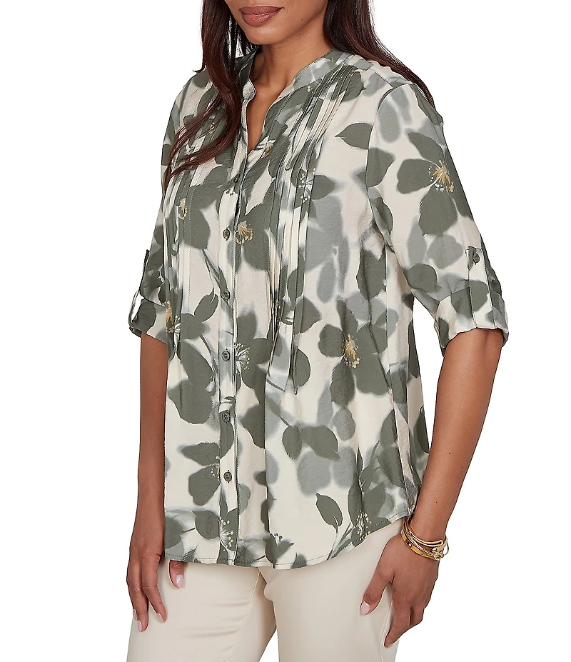 Ruby Rd. Silky Voile Shadow Floral Split V-Neck 3/4 Sleeve Pleated Button Front Shirt